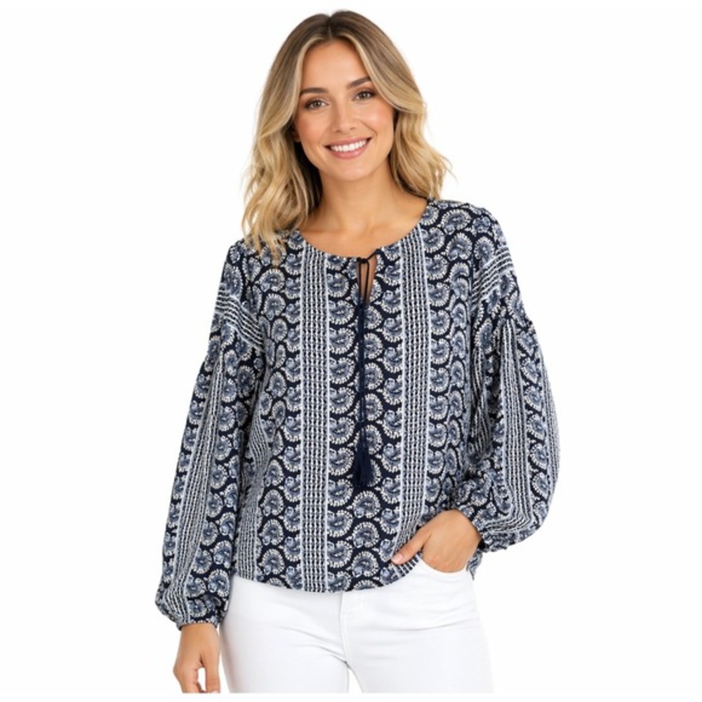 W5 Womens Navy Blue‎ White Paisley Tassel Tie Peasant Blouse Top Size S 11808